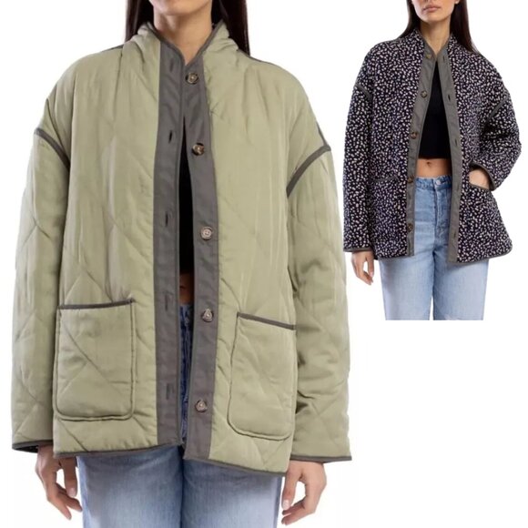 NWT BLANKNYC Reversible Quilted Jacket Olive Green Black Floral Oversized XL - Picture 3 of 10